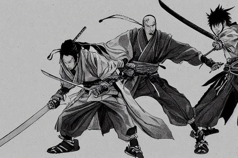 Prompt: epic and cinematographic samurai duel, black and white mange by takehiko inoue and Hiroshi Hirata