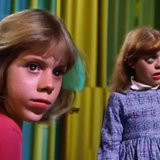 Prompt: still from 1978 live-action children's tv show about a teenage girl who enters an eyeball cult color