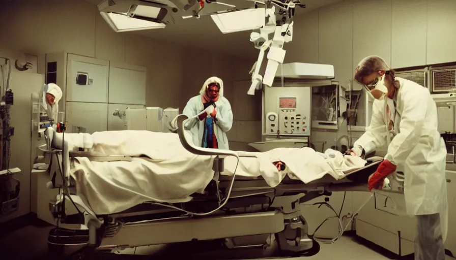 Image similar to 7 0 s film still from a horror movie about one person inside of an operating room, surgery, kodachrome, cinecolor, cinestill, film grain, film texture, retro, cinematic, high resolution, photorealism,