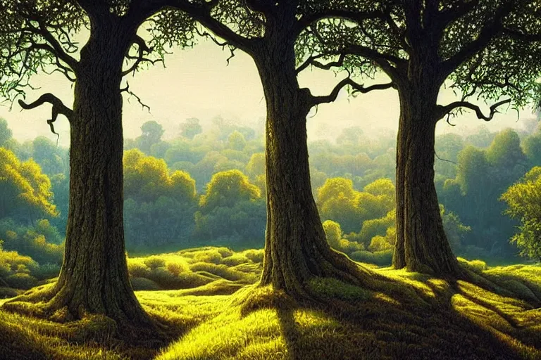 Image similar to masterpiece painting of oak trees on a hillside overlooking a creek, dramatic lighting, by dan mumford