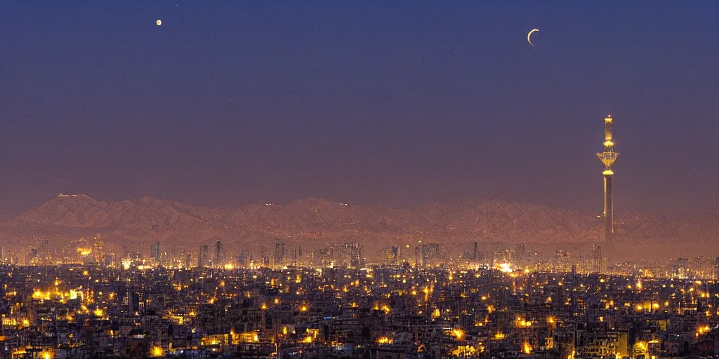 Image similar to tehran skyline in a winter night, full moon and a dragon in the sky