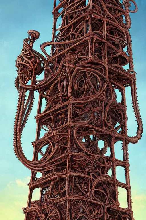 Prompt: lovecraftian biomechanical machine tower with fleshy tendrils and eyeball at top overlooking dystopian wasteland, highly detailed, colorful with red hues