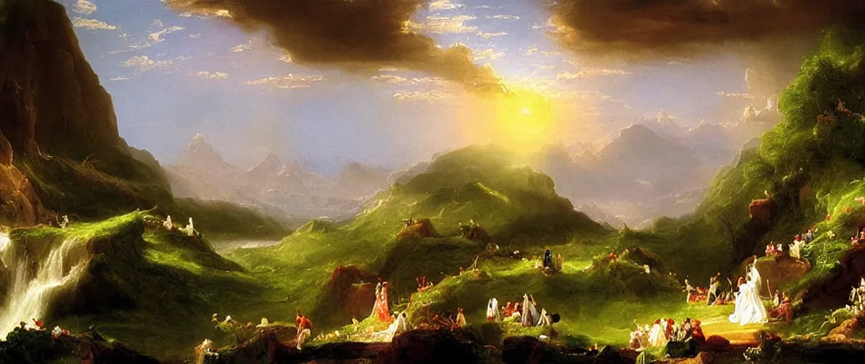 Prompt: what were we doing when we unchained this earth from its sun? whither is it moving now? whither are we moving? away from all suns? are we not plunging continually? backward, sideward, forward, in all directions?, in the style of an awe - inspiring thomas cole oil painting on canvas