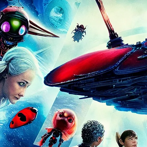 Image similar to film still, future ladybug ( ( descendants ) ), ladybug quadruped with big rgb eyes, huge ladybug mothership, epic cosmos, dramatic lighting, the the hobbit ( film ) blade runner ( film ) genre. imax, 7 0 mm.