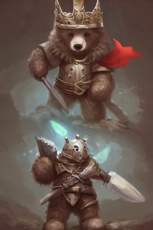 Image similar to cute little anthropomorphic bear knight wearing a cape and a crown, tiny, small, miniature bear, baby animal, short, pale blue armor, cute and adorable, pretty, beautiful, DnD character art portrait, matte fantasy painting, DeviantArt Artstation, by Jason Felix by Steve Argyle by Tyler Jacobson by Peter Mohrbacher, cinematic lighting