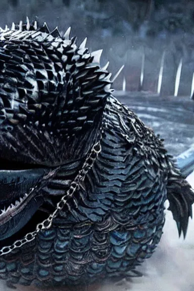 Image similar to very very intricate photorealistic photo of a chain chomp in an episode of game of thrones, photo is in focus with detailed atmospheric lighting, award - winning details