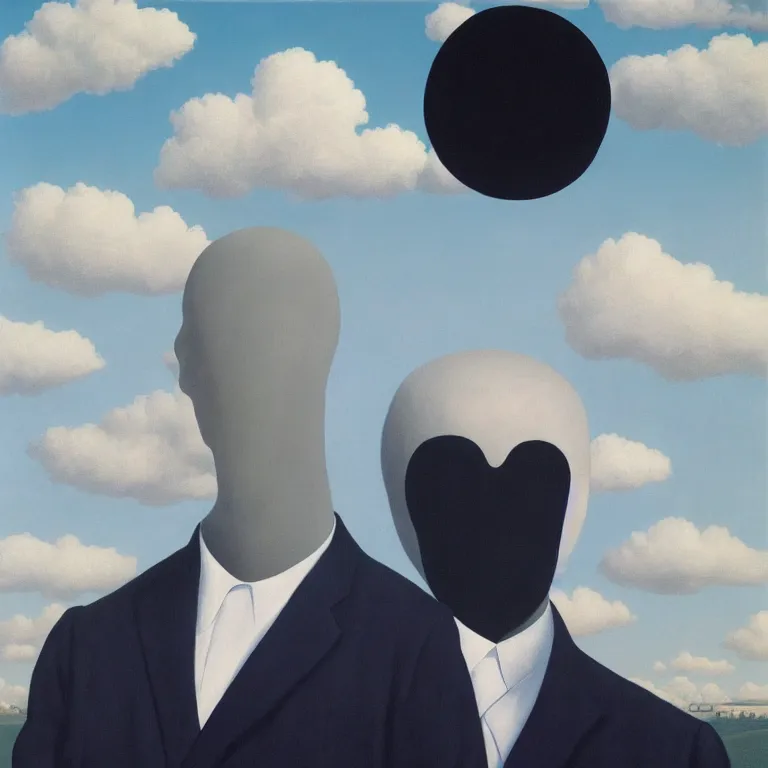 Image similar to portrait of a faceless shadow - head man in a suit, clouds in the background, by rene magritte, detailed painting, distance, centered, hd, hq, high resolution, high detail, 4 k, 8 k