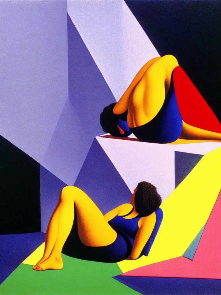 Image similar to hyperrealistic still life wide shot a woman dressed in loose fabric, sitting on the ground relaxing, sacred geometry, light refracting through prisms, by caravaggio, surrealism, vivid colors, serene, golden ratio, rule of thirds, negative space, minimalist composition, by rene magritte and james turrell