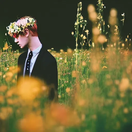 Image similar to kodak portra 4 0 0 photograph of a skinny blonde goth guy standing far back in a field of flowers, back view, flower crown, moody lighting, telephoto, 9 0 s vibe, blurry background, vaporwave colors, faded!,