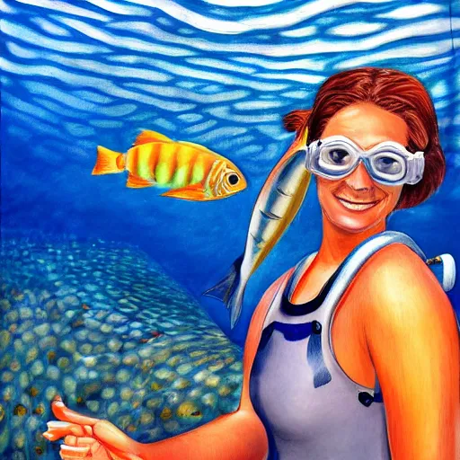 Image similar to a female diver having fun with the fish, hyperrealism