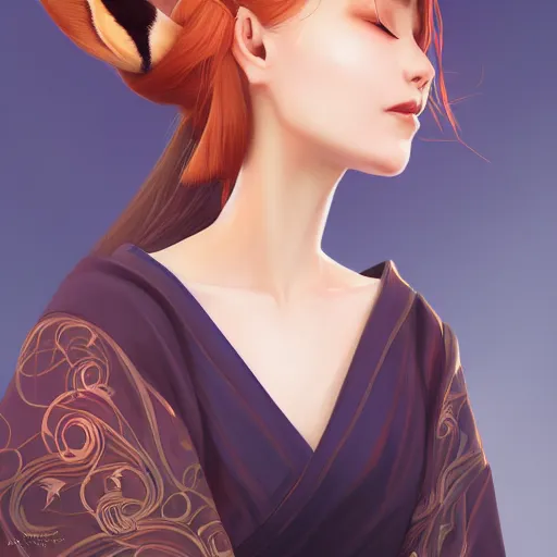 Image similar to A potrait of a beautiful, shapely woman with fox ears wearing a modest kimono from Skyrim, digital painting, by Stanley Artgerm Lau, WLOP, Rossdraws, LeraPi, and Sakimichan, digtial painting, trending on ArtStation, deviantart, SFW version