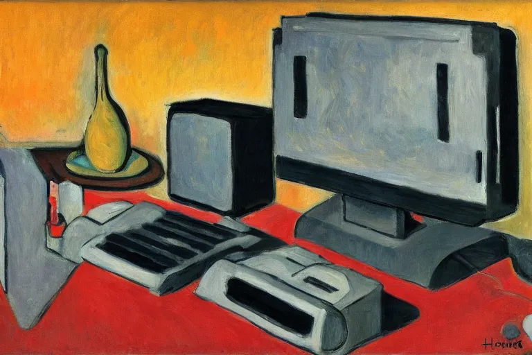 Image similar to still life painting of vintage computers by Henri Matisse, oil on canvas, strong lighting, highly detailed, hyper realism, HD, 4K