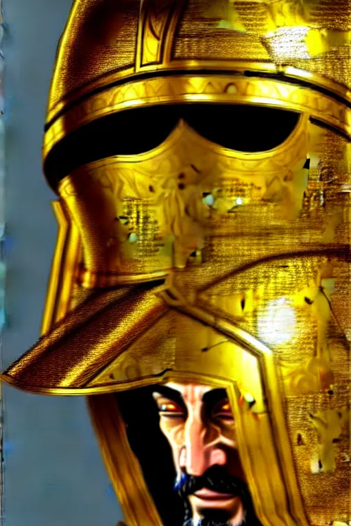 Prompt: man in decorated with gold in baroque style 15 century crusader armor, helmet hiding his face and white cape standing at the gates of jerusalem drawn by greg rutkowski realistic high detail