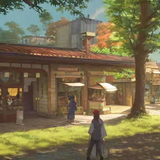 Image similar to concept art painting of a historic bakery with european and japanese architecture, in a woodland village surrounded by trees, realistic, detailed, cel shaded, in the style of makoto shinkai and greg rutkowski and james gurney