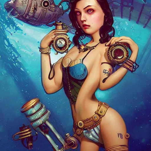 Prompt: lofi underwater bioshock steampunk bikini portrait, Pixar style, by Tristan Eaton Stanley Artgerm and Tom Bagshaw.