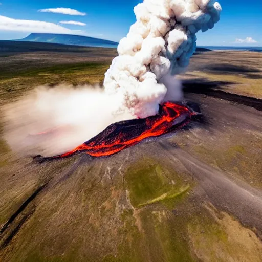 Prompt: award winning drone photography of a volcano that is erupting.