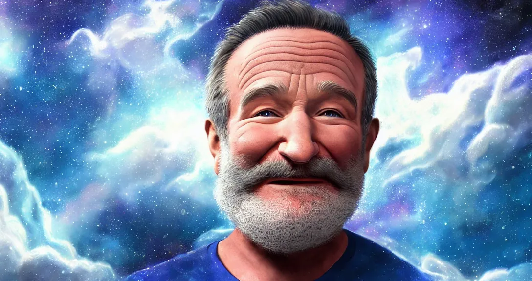 Prompt: robin williams, white beard, space clouds, milkyway, blue eyes, smiling, single subject, intricate, detailed, volumetric lighting, scenery, digital painting, highly detailed, artstation, sharp focus