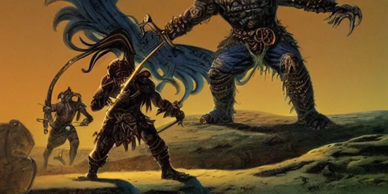 Prompt: the undead barbarian warrior fights a god, night scene, concept art by boris vallejo and michael whelan