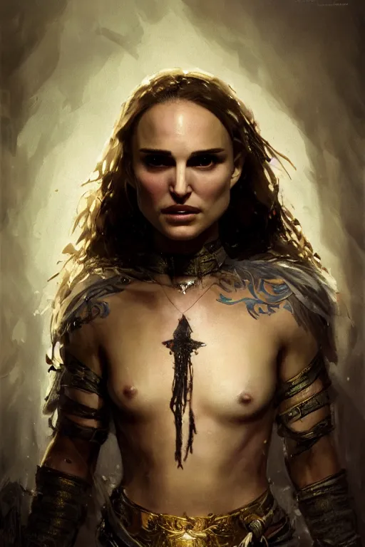 Image similar to natalie portman, warrior, lord of the rings, tattoos, decorated ornaments, by carl spitzweg, ismail inceoglu, vdragan bibin, hans thoma, greg rutkowski, alexandros pyromallis, perfect face, fine details, realistic shadeing