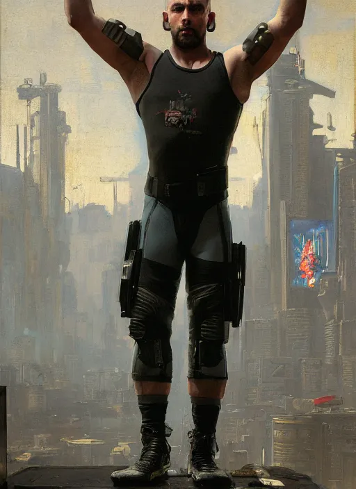 Image similar to big mike. cyberpunk gymnast wearing a military vest and combat gear. (Cyberpunk 2077, bladerunner 2049). Round face. Iranian orientalist portrait by john william waterhouse and Edwin Longsden Long and Theodore Ralli and Nasreddine Dinet, oil on canvas. Cinematic, hyper realism, realistic proportions, dramatic lighting, high detail 4k