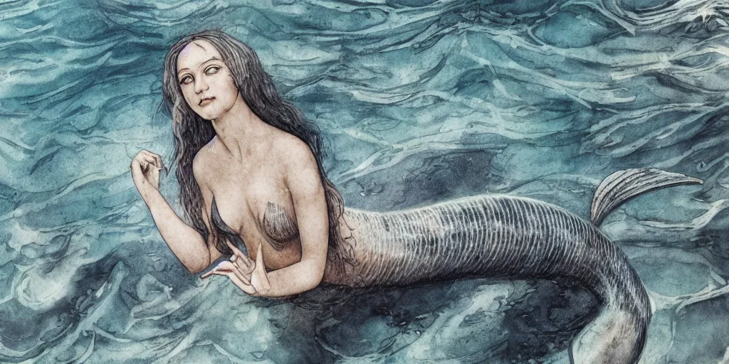 Image similar to realistic portrait of a beautiful mermaid in the sea, 1450, ink, ultra realistic, 8k