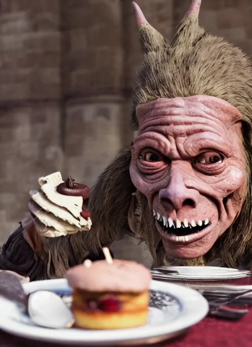 Image similar to closeup portrait of a medieval goblin eating cakes in the cloisters, depth of field, zeiss lens, detailed, symmetrical, centered, fashion photoshoot, by Annie Leibovitz and Steve McCurry, David Lazar, Jimmy Nelsson, Breathtaking, 8k resolution, extremely detailed, beautiful, establishing shot, artistic, hyperrealistic, beautiful face, octane render