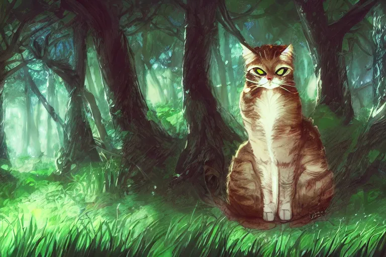Prompt: cat in the forest, warm backlighting, digital art, trending on artstation, fanart, by kawacy