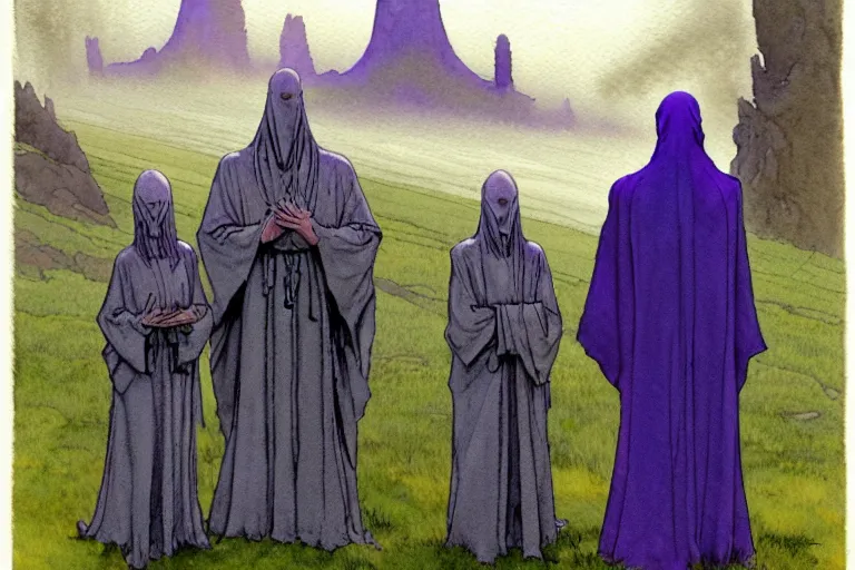 Image similar to a realistic and atmospheric watercolour fantasy character concept art portrait of a three christians wearing robes standing in front of a lovecraftian grey alien. they are emerging from the mist on the moors of ireland at night. a ufo is in the sky. by rebecca guay, michael kaluta, charles vess and jean moebius giraud