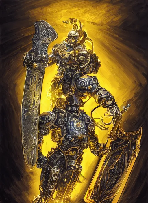 Prompt: dynamic portrait of a intricate glorious holy mechanical warforged character in yellow armor holding a paladin engraved great longsword and carrying a big paladin shield, spotlight from face , epic , trending on ArtStation, cinematic lighting, by Jesper Ejsing and by Philippe Druillet