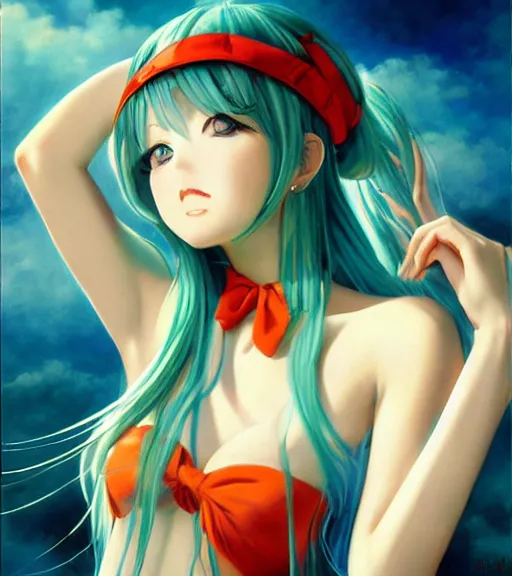 Image similar to Anime art very beautiful Hatsune miku by Gil Elvgren, Vladimir Volegov, Earl Moran, Enoch Bolles, symmetrical shoulders