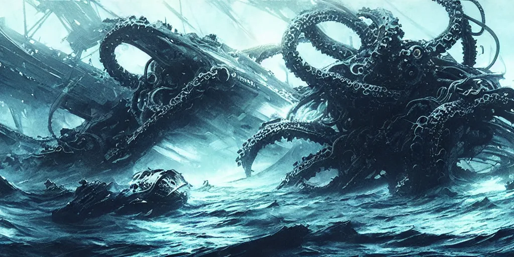 Image similar to ship being destroyed by a giant kraken sea monster, a lot of tentacles, chaos, view from above. In style of Yoji Shinkawa and Hyung-tae Kim, trending on ArtStation, Greg Rutkowski, dark fantasy, great composition, concept art, highly detailed, scenery.