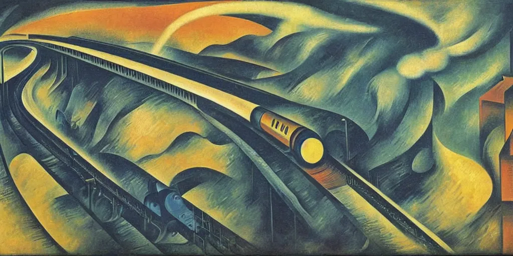 Prompt: oil painting of streamline train speeding. futurism. extreme speed with headlight shining into the fog. thomas hart benton and magritte and umberto boccioni.