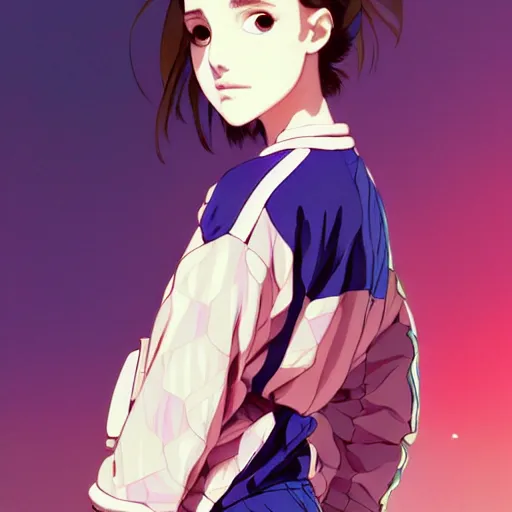 Image similar to a beautiful! boyish! natalie portman alluring gravure! model, wearing oversized mayan bomber jacket and leotard with overalls, bulky poofy bomber jacket with mayan patterns, gapmoe yandere grimdark, trending on pixiv fanbox, painted by greg rutkowski makoto shinkai takashi takeuchi studio ghibli, akihiko yoshida