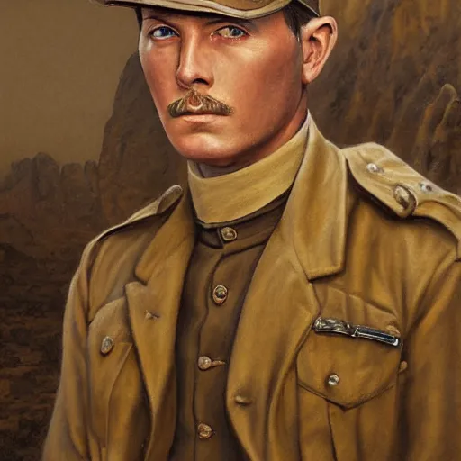 Image similar to a detailed photorealistic sepia - toned color portrait painting of a 1 9 1 7 worried clean - shaven british lieutenant in detailed field gear not wearing a hat in wadi rum, ultra realistic, painted, intricate details, lovecraft, atmospheric, dark, horror, brooding, highly detailed, by clyde caldwell