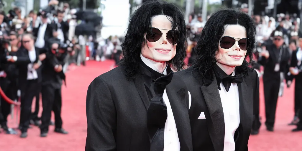 Prompt: michael jackson 2 0 0 9 style wearing shades, red carpet arrival, this is it style, photo real, pores, motion blur, solo, by himself, heroic pose, real life, spotted, ultra realistic face, accurate, 4 k, movie still, uhd, sharp, detailed, cinematic, render, modern