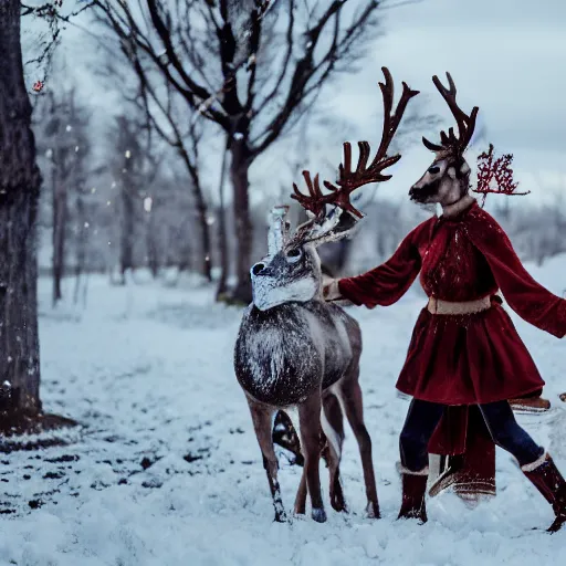 Image similar to reindeer human cosplay in snow 85mm photography