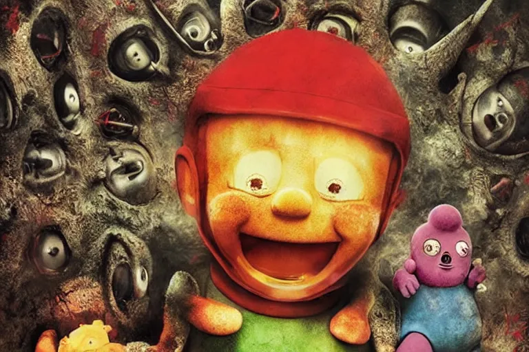 Prompt: teletubbies horro movie, saw teeth, red eyes, macabre, grotesque, greg rutkoswki, artwork, masterpiece