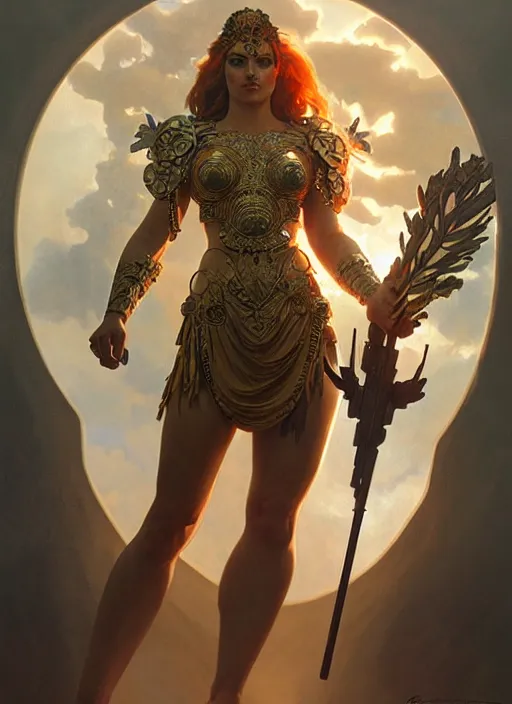 Image similar to the goddess hera looking angry, armour made of paper, volumetric lights, dystopian, intricate, elegant, highly detailed, digital painting, artstation, concept art, smooth, sharp focus, symmetric face, illustration, art by artgerm and greg rutkowski and alphonse mucha