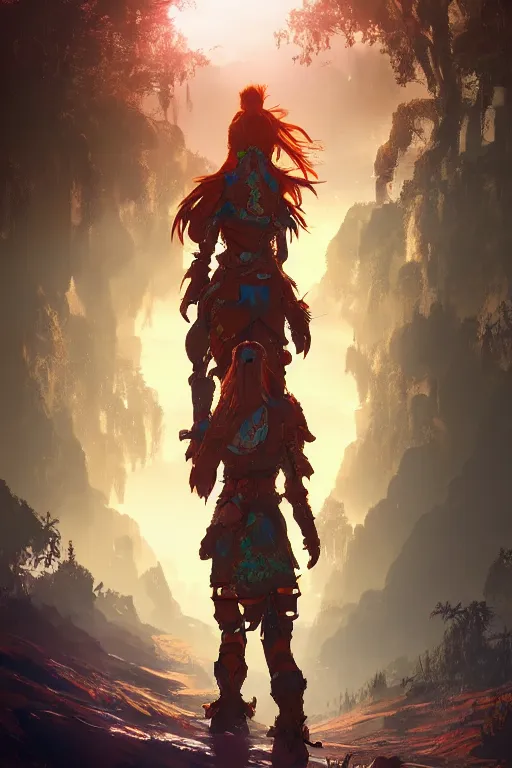 Image similar to combination suit armor aloy horizon forbidden west horizon zero dawn radiating a glowing aura global illumination ray tracing hdr fanart arstation by ian pesty and alena aenami artworks in 4 k tribal robot ninja mask helmet backpack