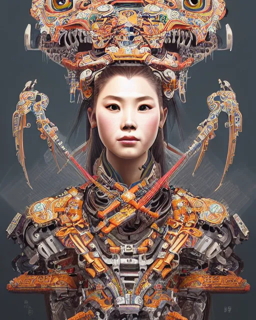Image similar to portrait of a machine from horizon zero dawn, machine face, upper half portrait, decorated with chinese opera motifs, asian, bian lian, traditional chinese art, intricate, elegant, highly detailed, symmetry, digital painting, artstation, concept art, smooth, sharp focus, illustration, art by artgerm and greg rutkowski and alphonse mucha, 8 k