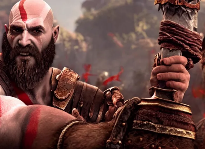 Prompt: in game screenshot of kratos victoriously holding up a!!! computer mouse!!! in the new god of war video game, 4 k