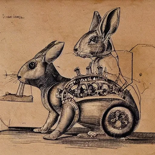 Prompt: mechanical rabbit with a crystal inside the chest, steampunk design, made of woods, by Leonardo da Vinci, drawn projects on paper, instructions to build it