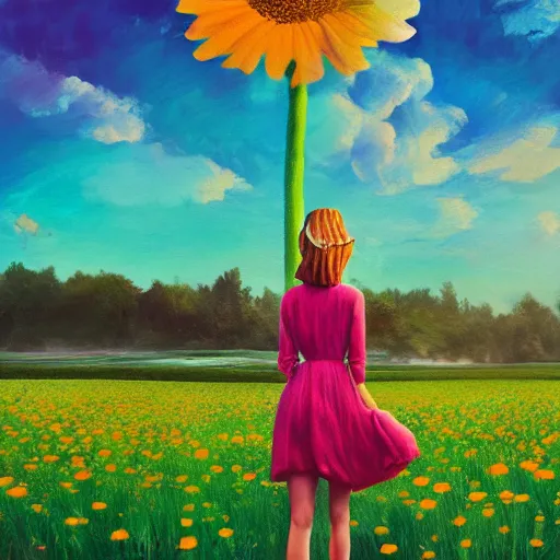 Image similar to giant daisy flower as head, full body, girl walking in a flower field, surreal photography, sunrise dramatic light, impressionist painting, colorful clouds, digital painting, artstation, simon stalenhag, flower face