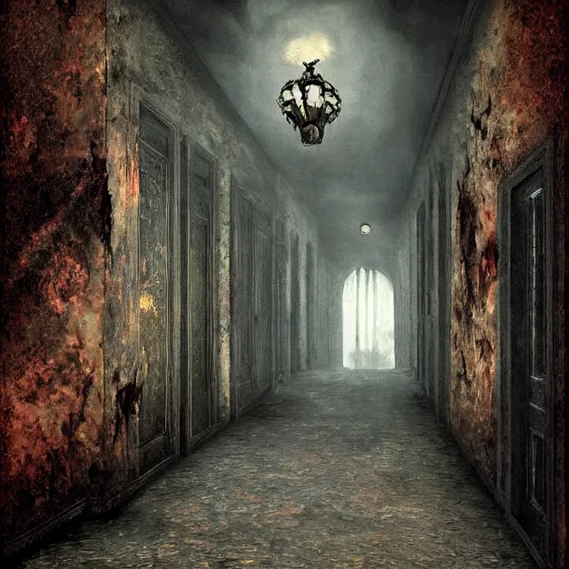 Image similar to ultra - realistic painting gothic 1 9 2 0 s hotel hallway crumbling into a horrifying cosmic sky, atmospheric lighting, dark, brooding, foreboding, fine details, realistic shading