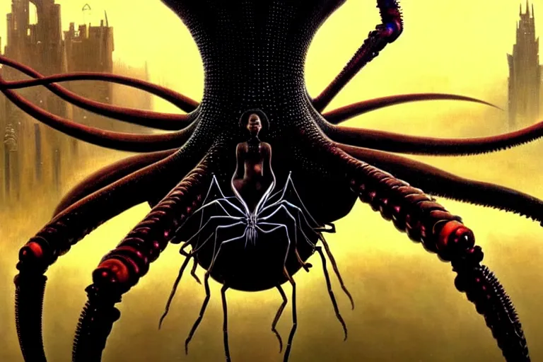 Image similar to realistic detailed closeup portrait movie shot of a beautiful black woman riding a giant spider, dystopian city landscape background by denis villeneuve, amano, yves tanguy, alphonse mucha, max ernst, ernst haeckel, edward robert hughes, roger dean, cyber necklace, rich moody colours, sci fi patterns, wide angle