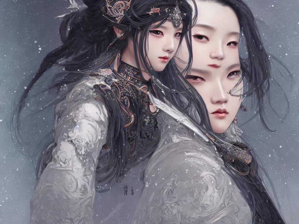 Prompt: portrait jisoo blackpink, grey hair armored samurai clothes, in snowy torii black magic night, ssci - fi and fantasy, intricate and very very beautiful and elegant, digital painting, artstation, concept art, smooth, illustration, art by tian zi and wlop and alphonse mucha