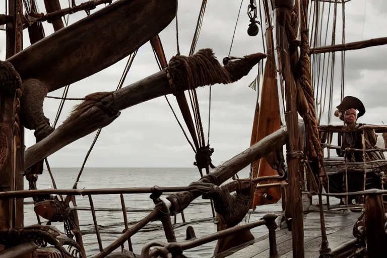 Prompt: closeup product shot kraken rum on an old pirate ship, by emmanuel lubezki