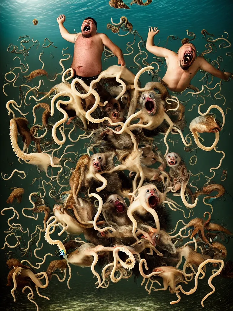 Image similar to a formal portrait photograph of a screaming man in the squally ocean swarmed by squids, dogs, baboons, and squirrels, the man's mouth is stuffed with bones and the water foams all over the gaff