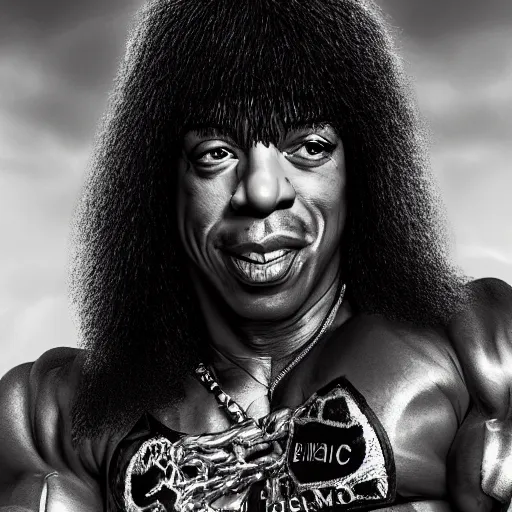 Image similar to Rick james with the physique of a body builder, hyper realistic, ultra detailed, cinematic, dynamic lighting, photorealistic, refined, intricate, digital art, digital painting, masterpiece, 8k