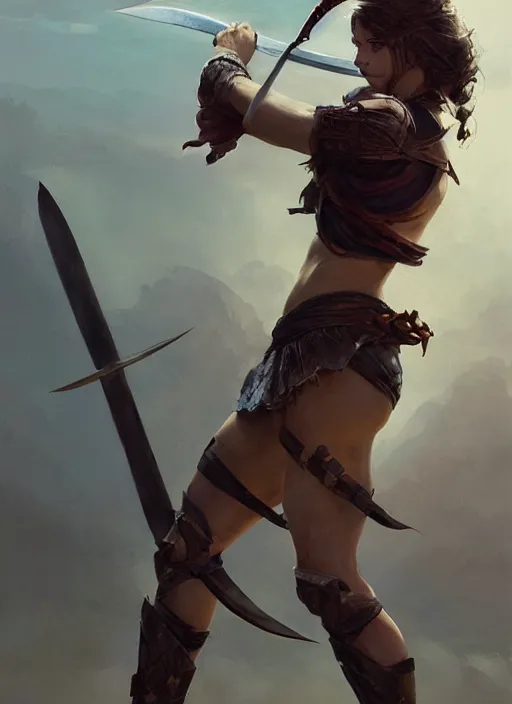 Image similar to hyper realistic photography, warrior girl with sword in her hand, full body, rule of thirds, human proportion, good anatomy, beautiful face, conceptart, saturated colors, cinematic, vallejo, frazetta, greg rutkowski